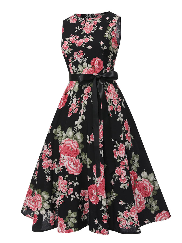 1950s Floral Bow Belt Vintage Dress