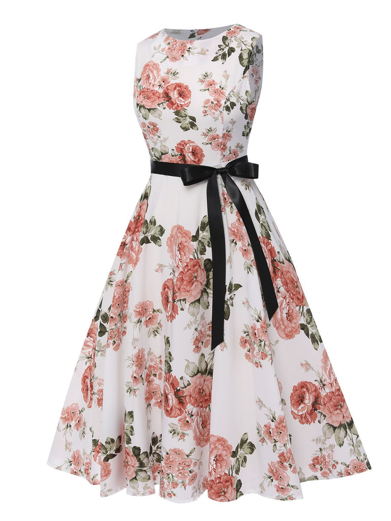 1950s Floral Bow Belt Vintage Dress