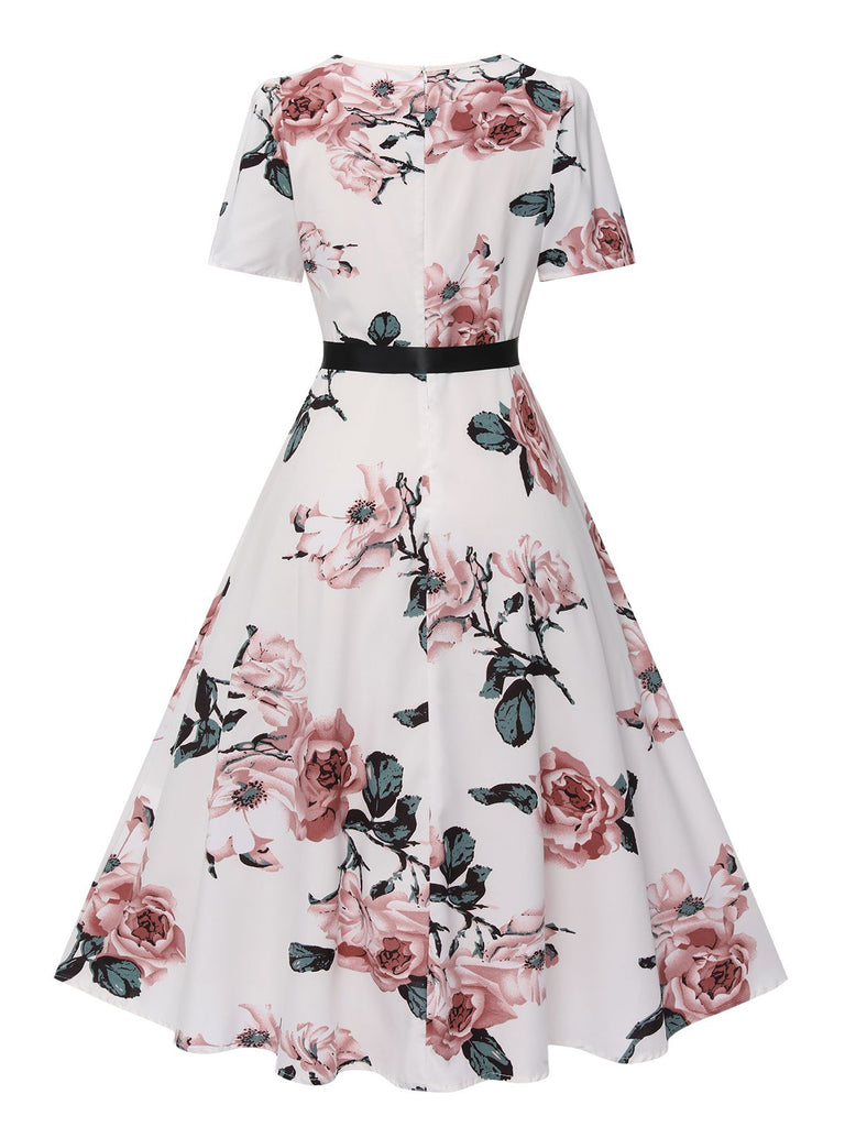 1950s Floral Bow Short Sleeve Swing Dress