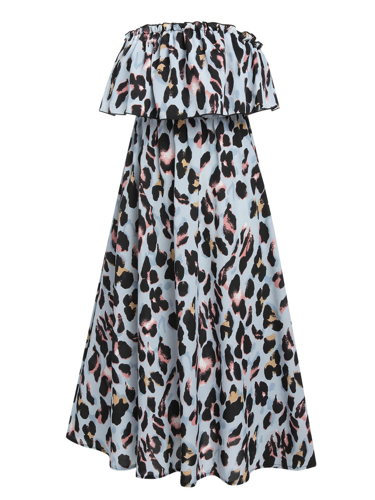 1950s Strapless Leopard Colorblock Ruffles Dress