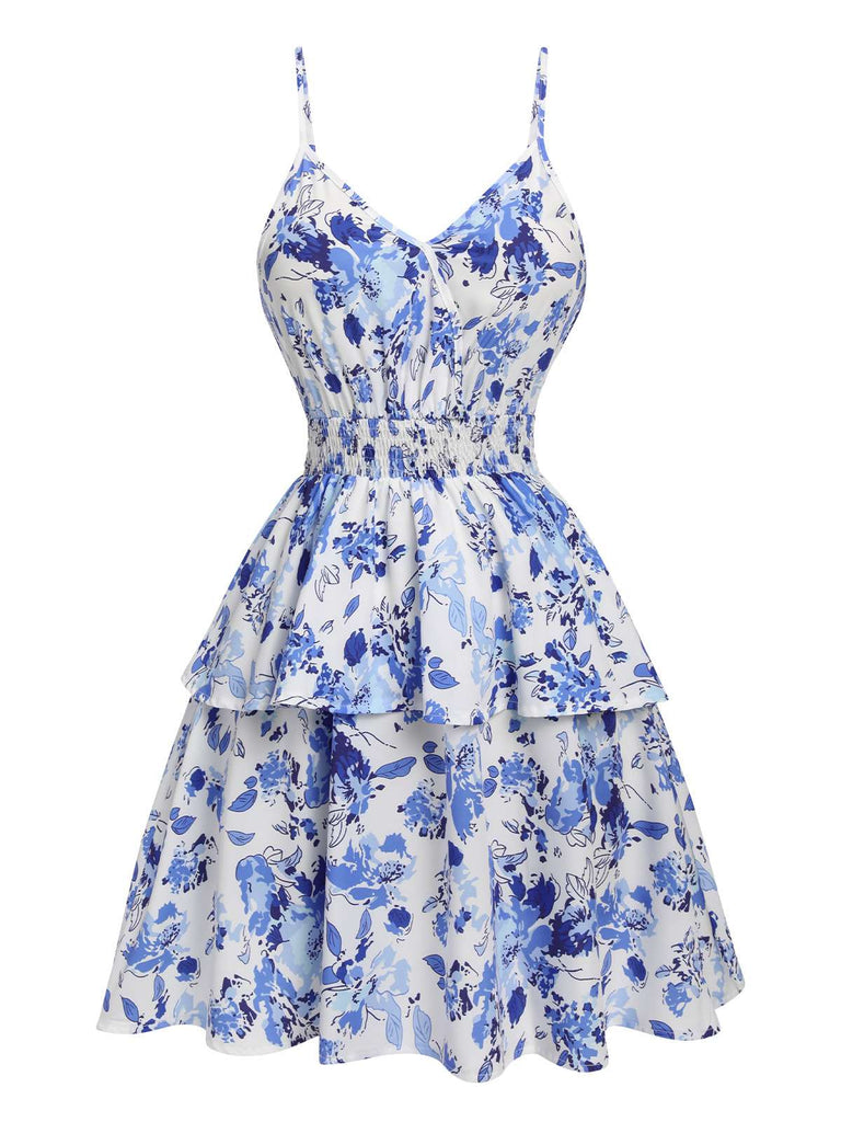 Blue 1950s Spaghetti Straps Flowers Dress