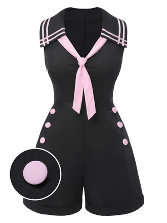 Black & Pink 1950s Solid Tie Lapel Romper