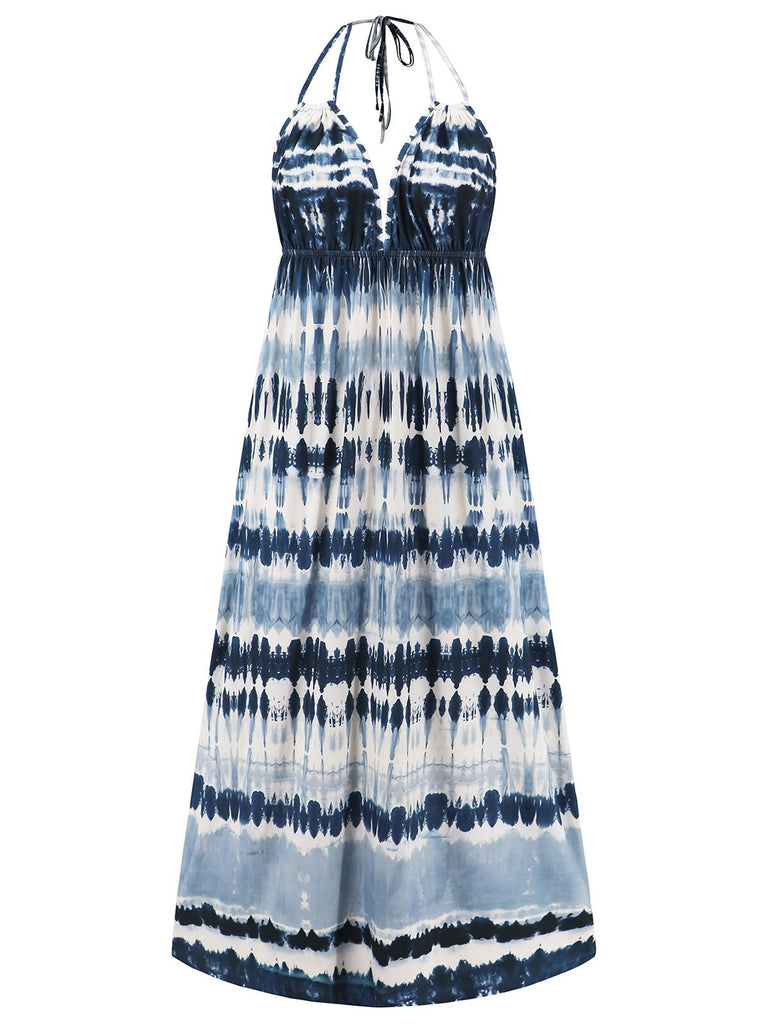 Blue 1940s Backless Tie Dye Long Dress