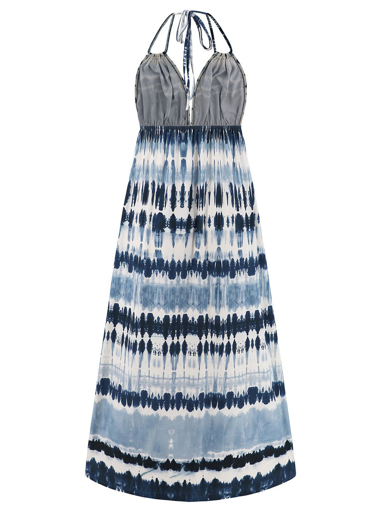 Blue 1940s Backless Tie Dye Long Dress