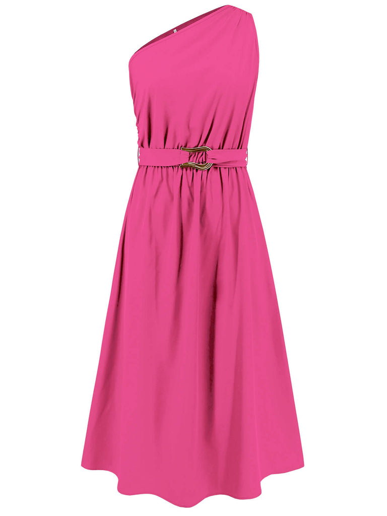 Dark Pink 1940s Solid One Shoulder  Dress