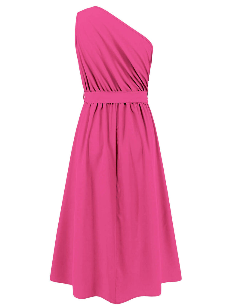 Dark Pink 1940s Solid One Shoulder  Dress