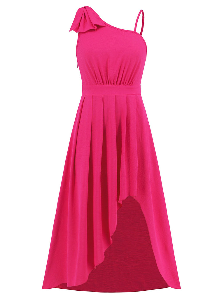 Dark Pink 1940s Solid Irregular Shoulder Dress