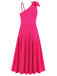 Dark Pink 1940s Solid Irregular Shoulder Dress