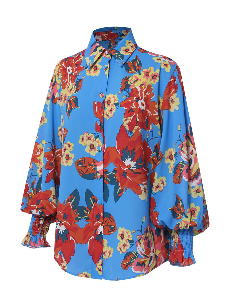 Blue 1950s Contrast Floral Bishop Sleeve Blouse