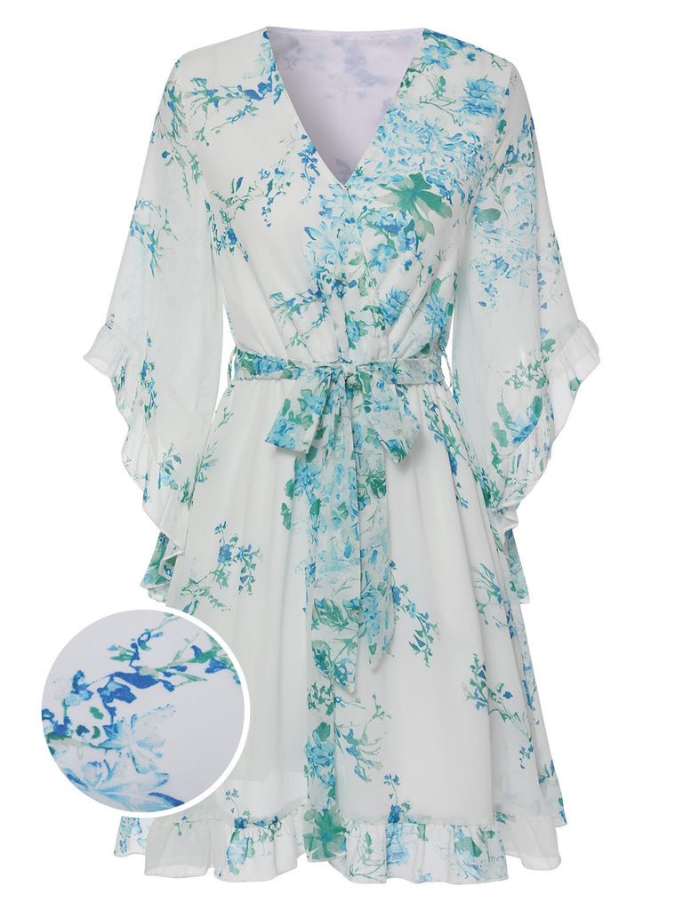 White 1960s Floral Chiffon V-Neck Dress