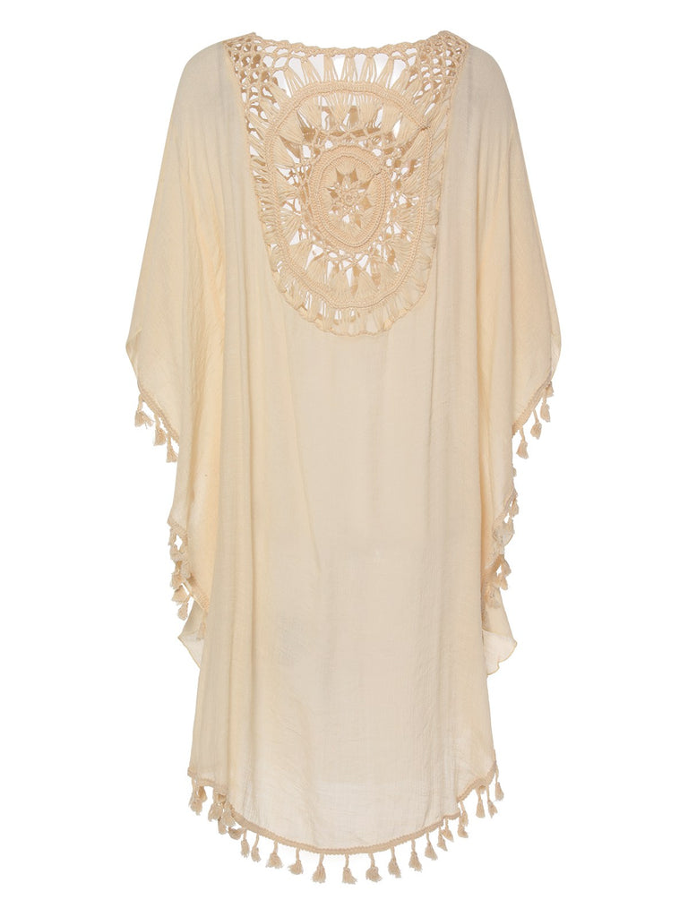 Beige 1950s Batwing Sleeves Tassel Cover-Up