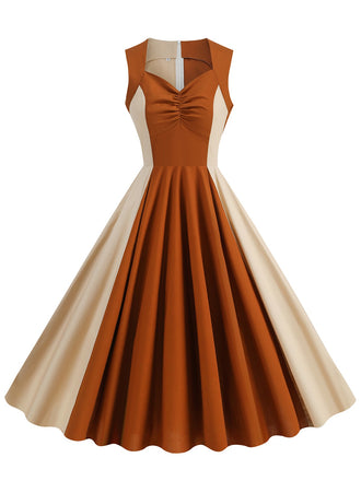 1950s Solid Sweetheart Neck Patchwork Dress