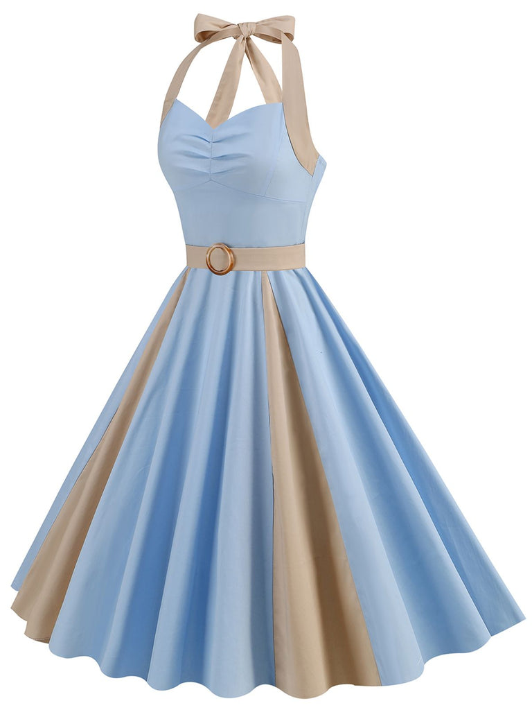 1950s Halter Solid Color Block Belt Dress