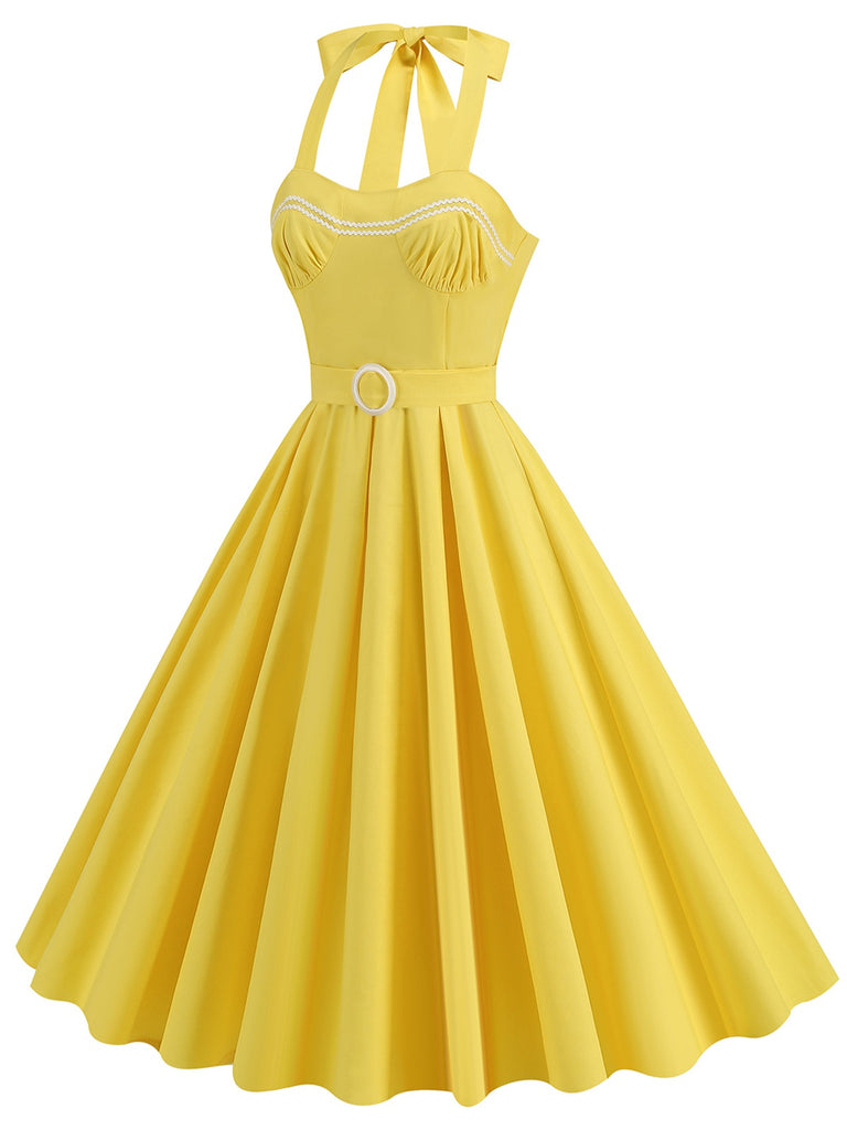 Yellow 1950s Solid Halter Belted Dress