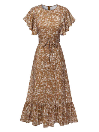 Camel Color 1940s Polka Dots Ruffles Dress