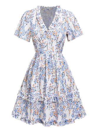 1970s V-Neck Ditsy Floral Wrinkle Dress