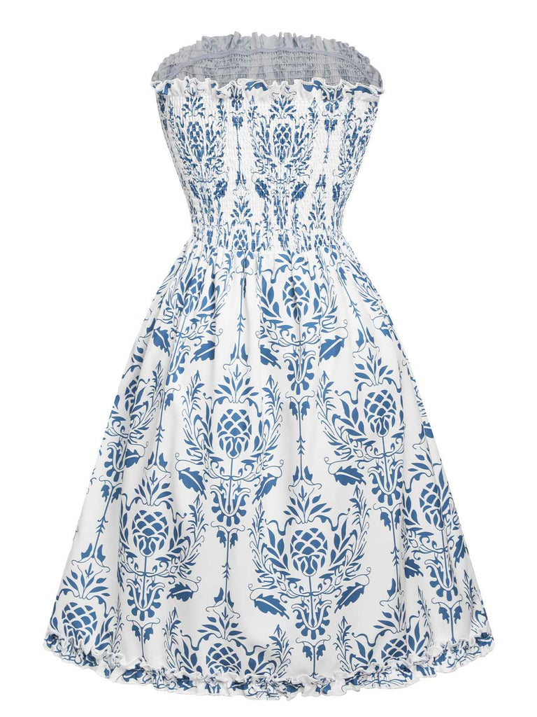 Blue 1950s Baroque Smocked Strapless Dress