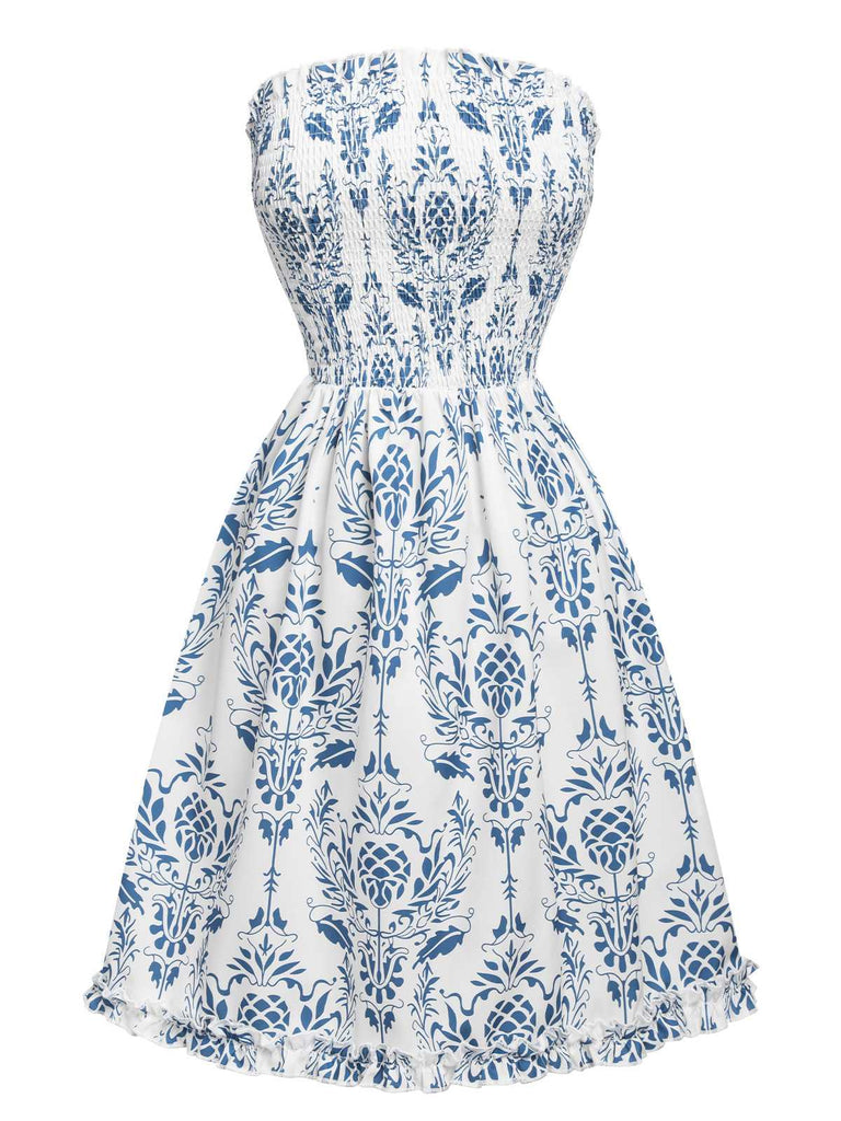 Blue 1950s Baroque Smocked Strapless Dress