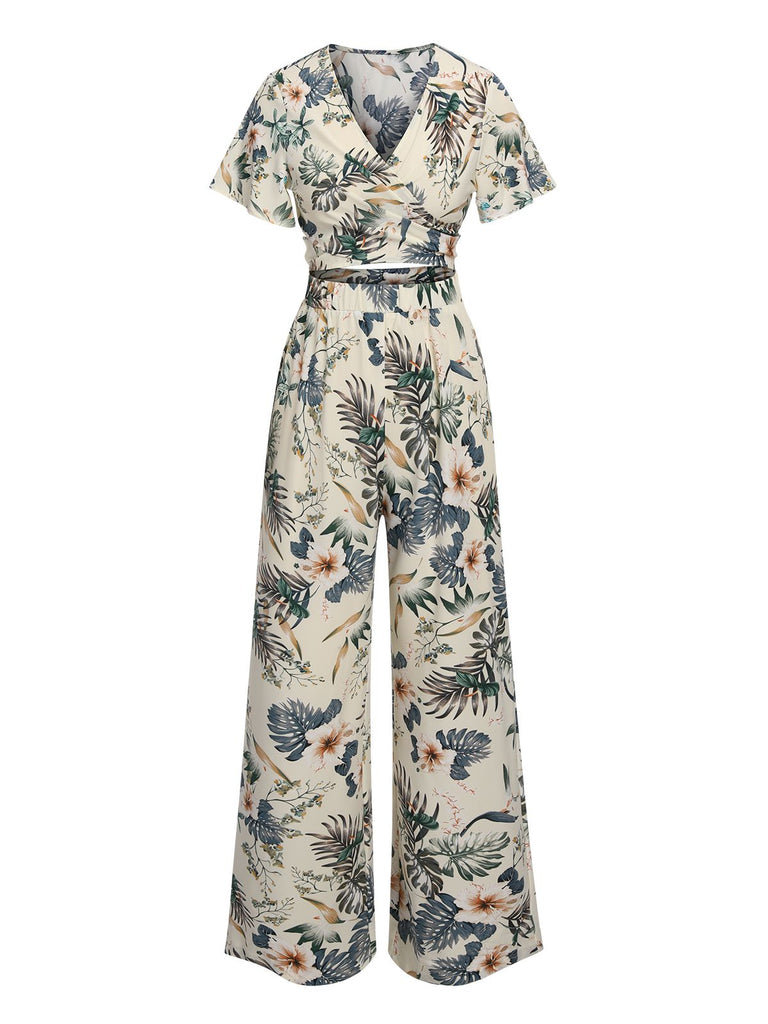 2PCS 1930s V-Neck Floral Wrap Top & Wide-Leg Jumpsuit