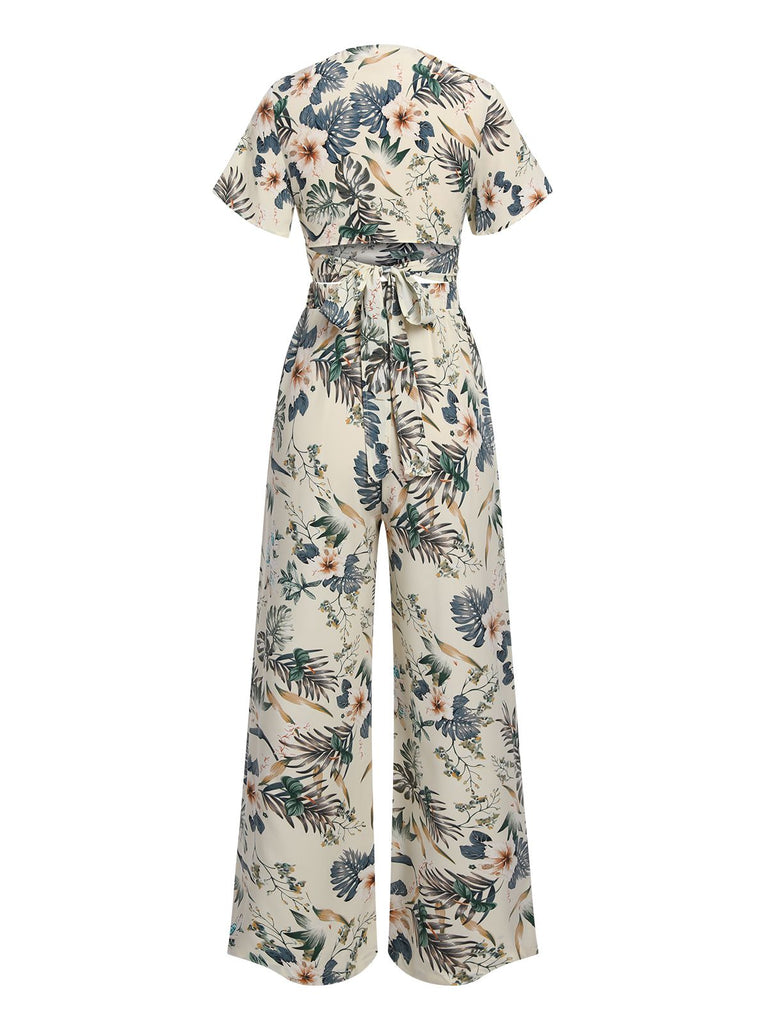 2PCS 1930s V-Neck Floral Wrap Top & Wide-Leg Jumpsuit