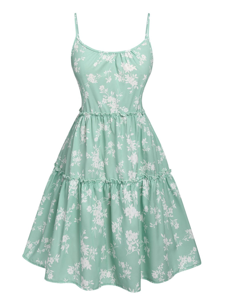 Green 1960s Floral Wrinkle Suspender Dress