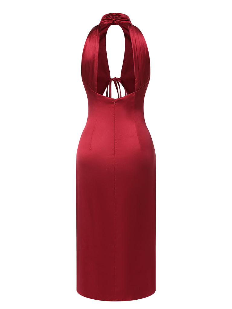 Wine Red 1980s Solid Hollow Satin Dress