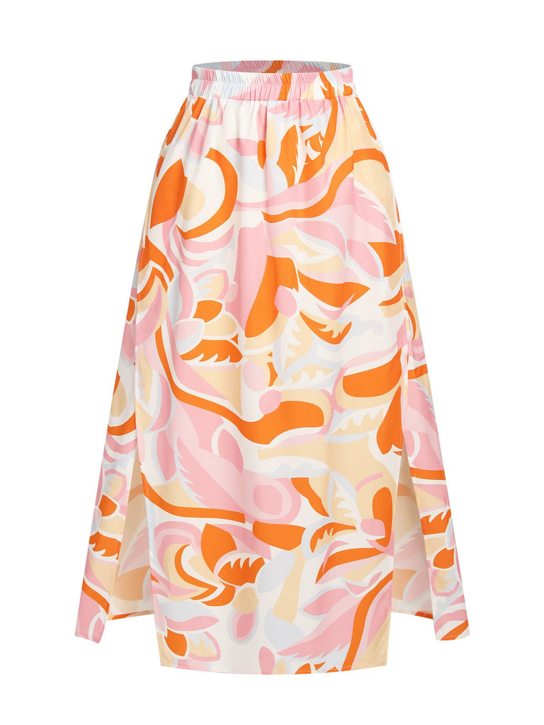 Multicolor 1930s Print Slit Skirt