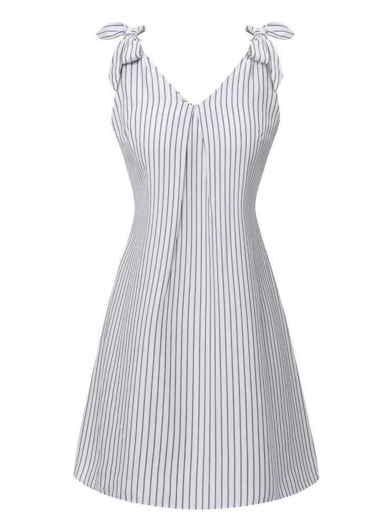 White 1950s Shoulder Tie V-Neck Stripe Dress