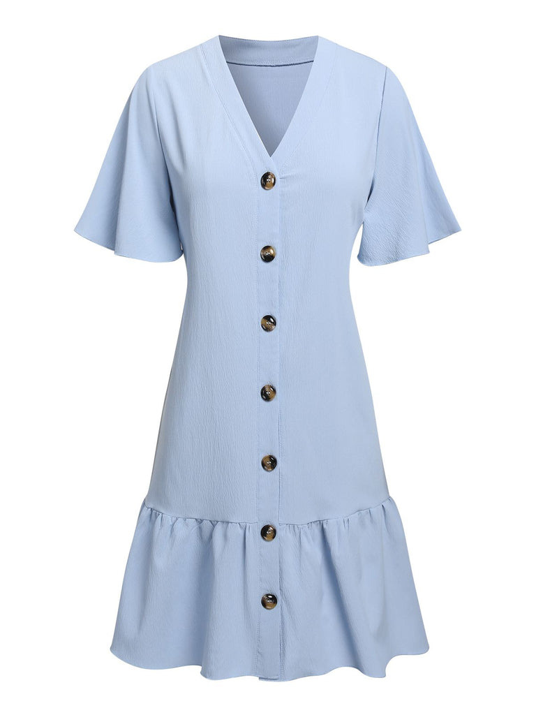 Light Blue 1950s V-Neck Ruffle Hem Dress