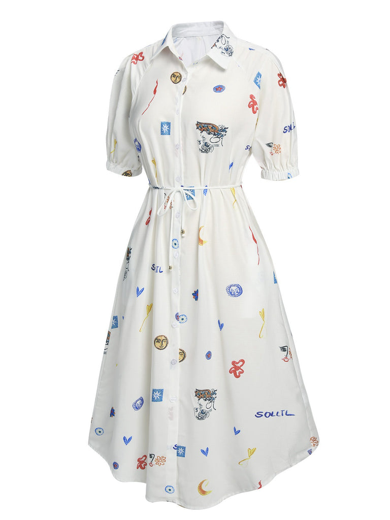 White 1940s Soleil Print Shirt Lapel Dress