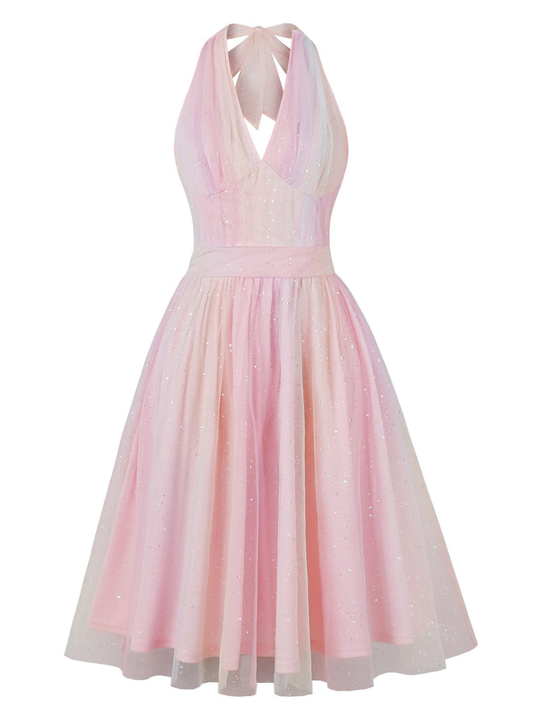 Pink 1950s Halter Mesh Sequined Dress