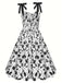 White 1950s Black Flowers Tie-Up Dress