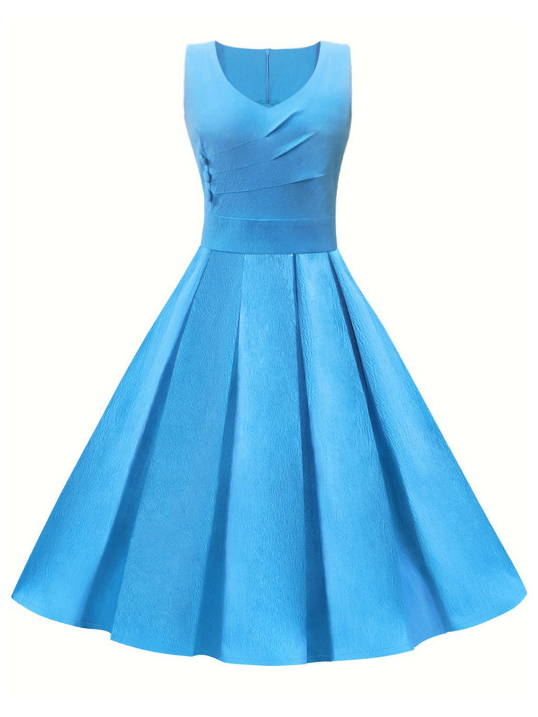 Blue 1950s Solid Sleeveless Swing Dress