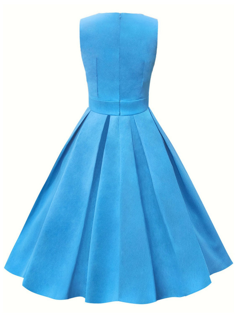 Blue 1950s Solid Sleeveless Swing Dress