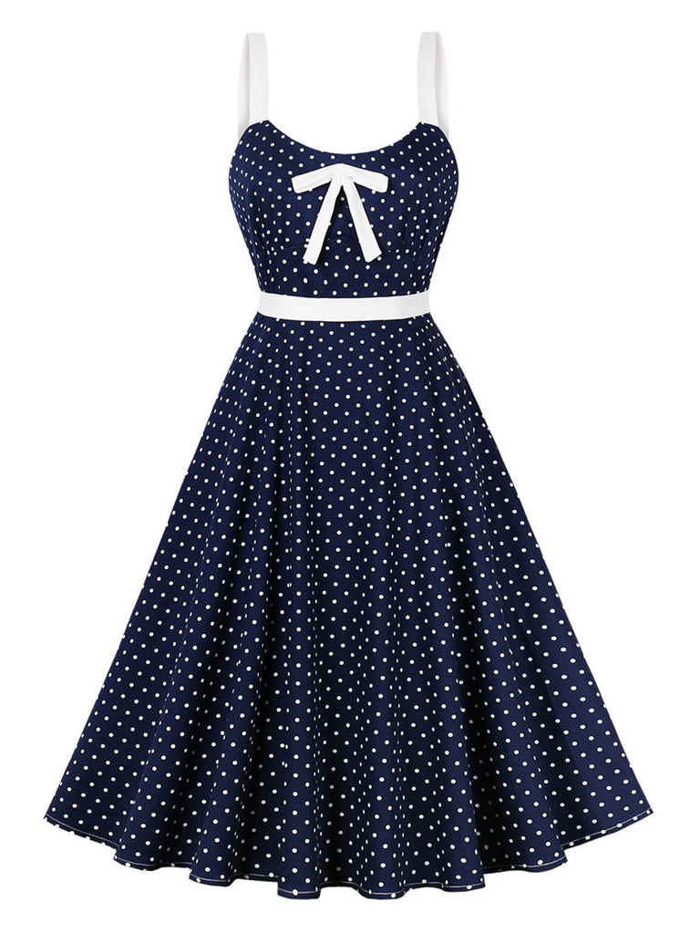 Blue 1940s Strap Polka Dot Bow Belted Dress