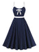 Blue 1940s Strap Polka Dot Bow Belted Dress