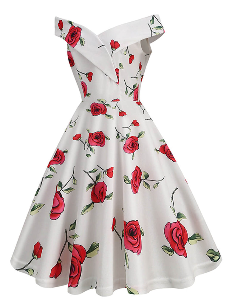 White 1950s Roses Off-Shoulder Dress