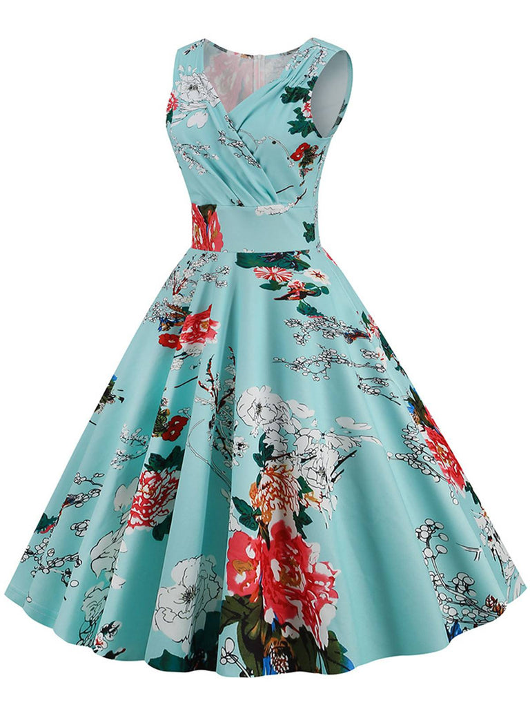 Blue 1950s Floral Heart Collar Swing Dress