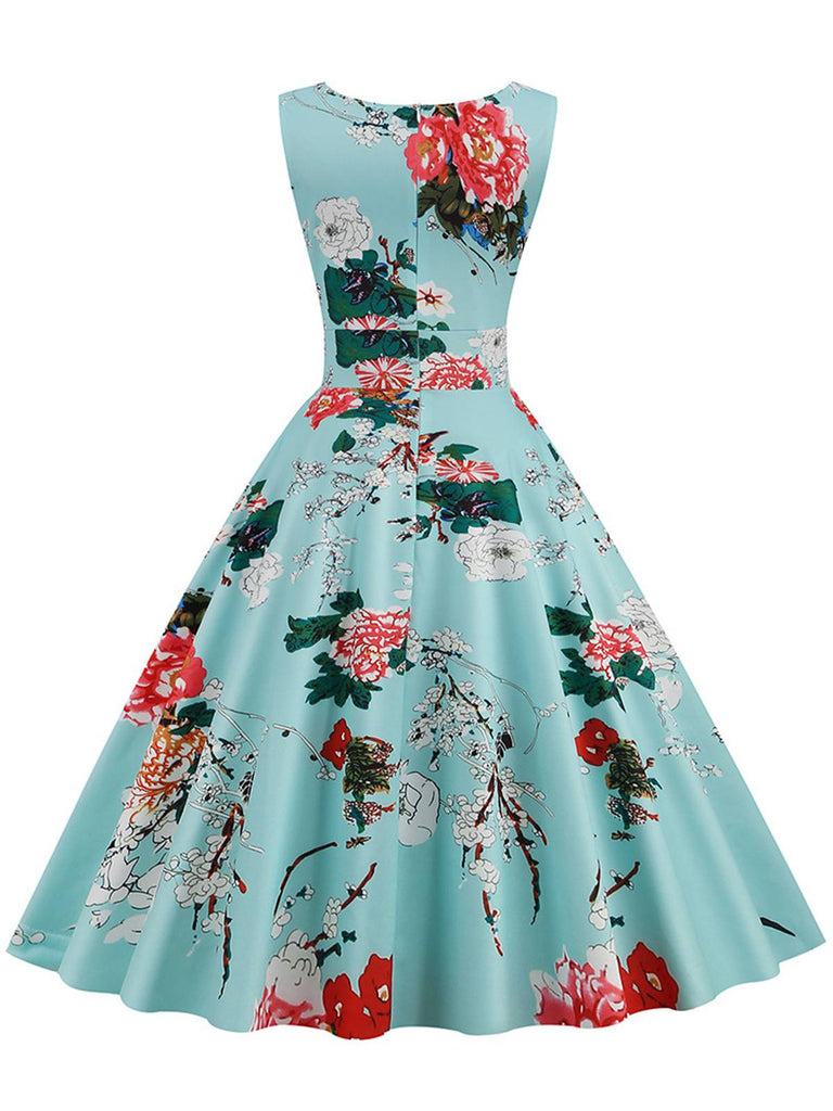 Blue 1950s Floral Heart Collar Swing Dress