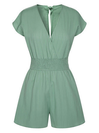 Green 1950s V-Neck Smocked Cap Sleeves Romper