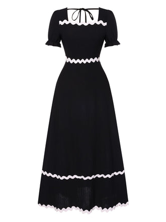 Black 1930s Square Neck Lace-Up Puff Sleeve Dress