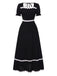 Black 1930s Square Neck Lace-Up Puff Sleeve Dress