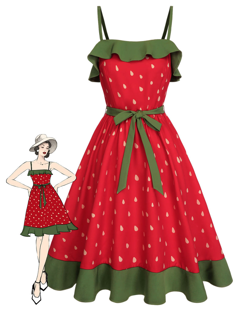 Red 1950s Strawberry Ruffle Belt Dress