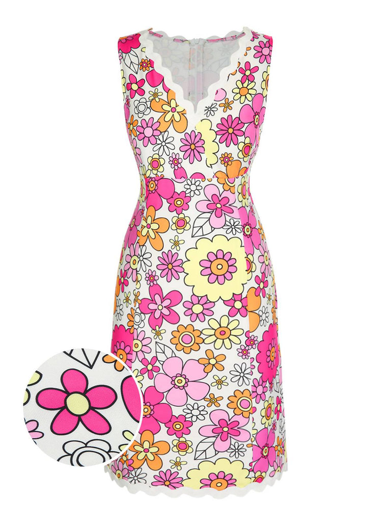 Pink 1960s V-Neck Cartoon Flowers Pencil Dress