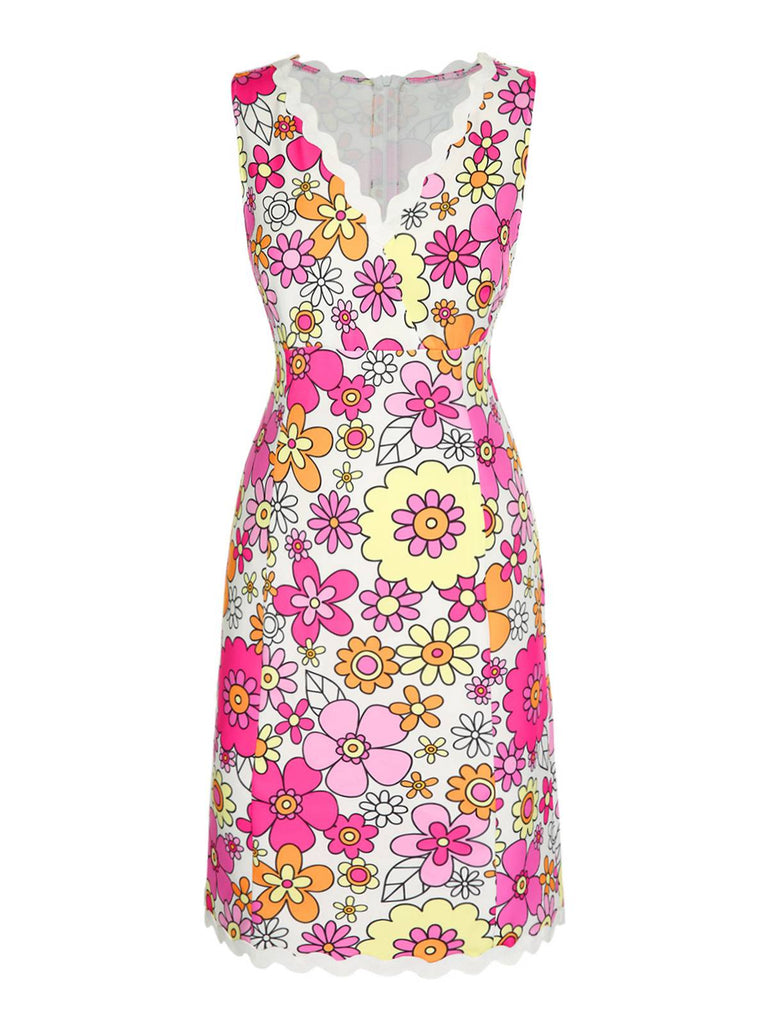 Pink 1960s V-Neck Cartoon Flowers Pencil Dress