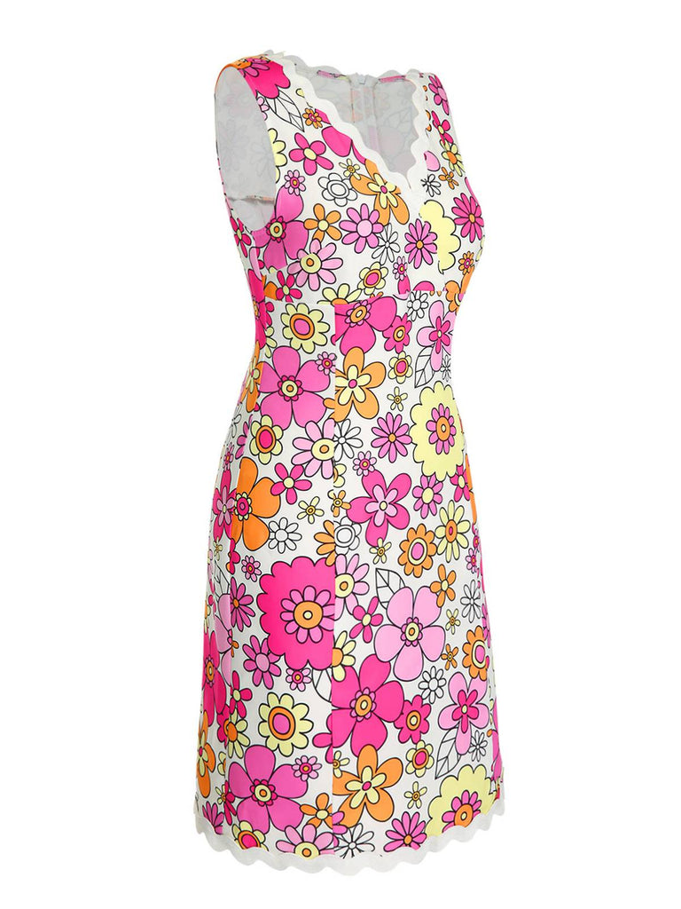 Pink 1960s V-Neck Cartoon Flowers Pencil Dress