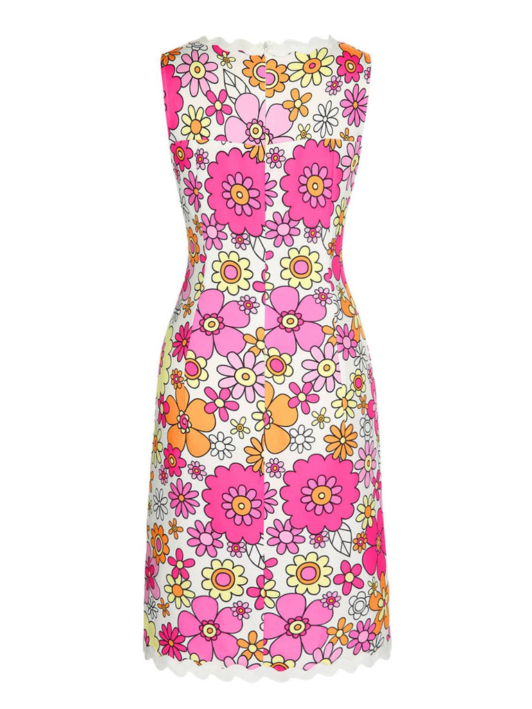 Pink 1960s V-Neck Cartoon Flowers Pencil Dress