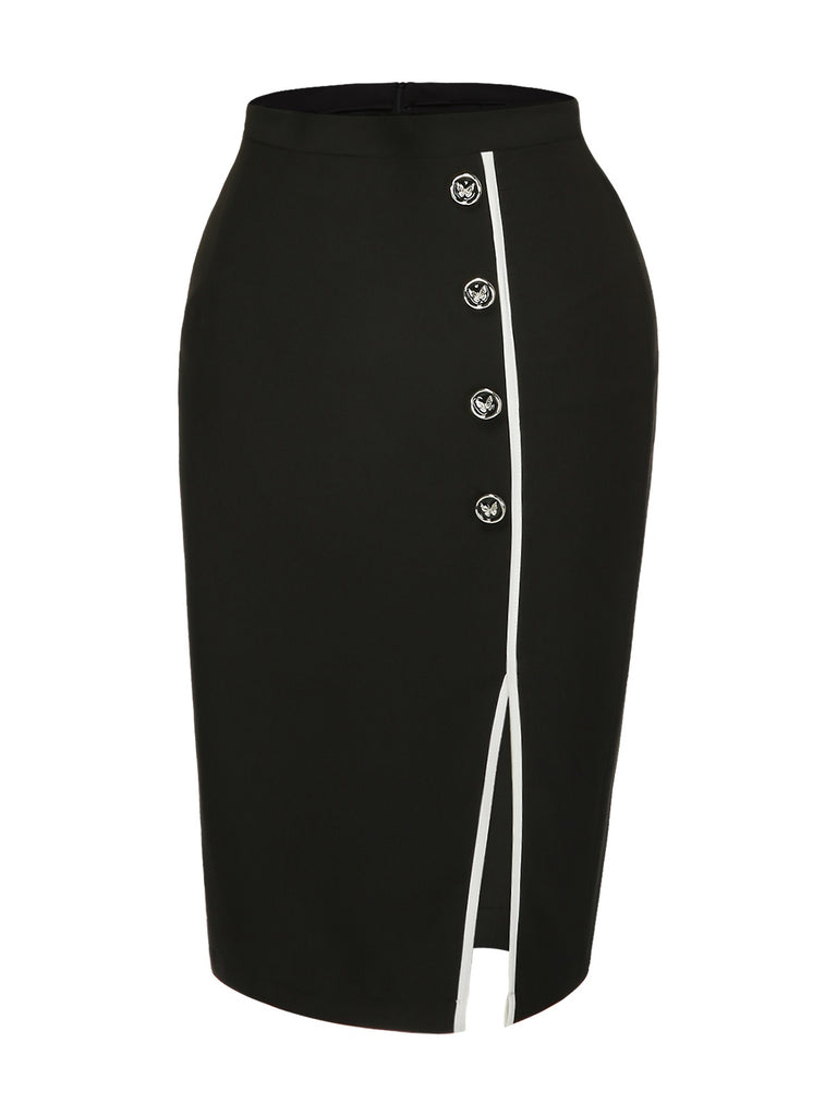 [Pre-Sale] Black 1960s Butterfly Buttons Slit Pencil Skirt