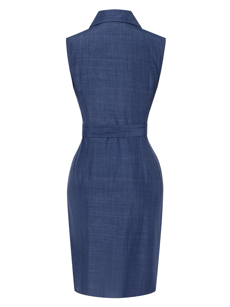 Blue 1960s Lapel Sleeveless Belted Dress