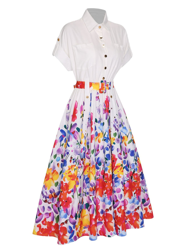 White 1940s Floral Shirt Collar Belt Dress